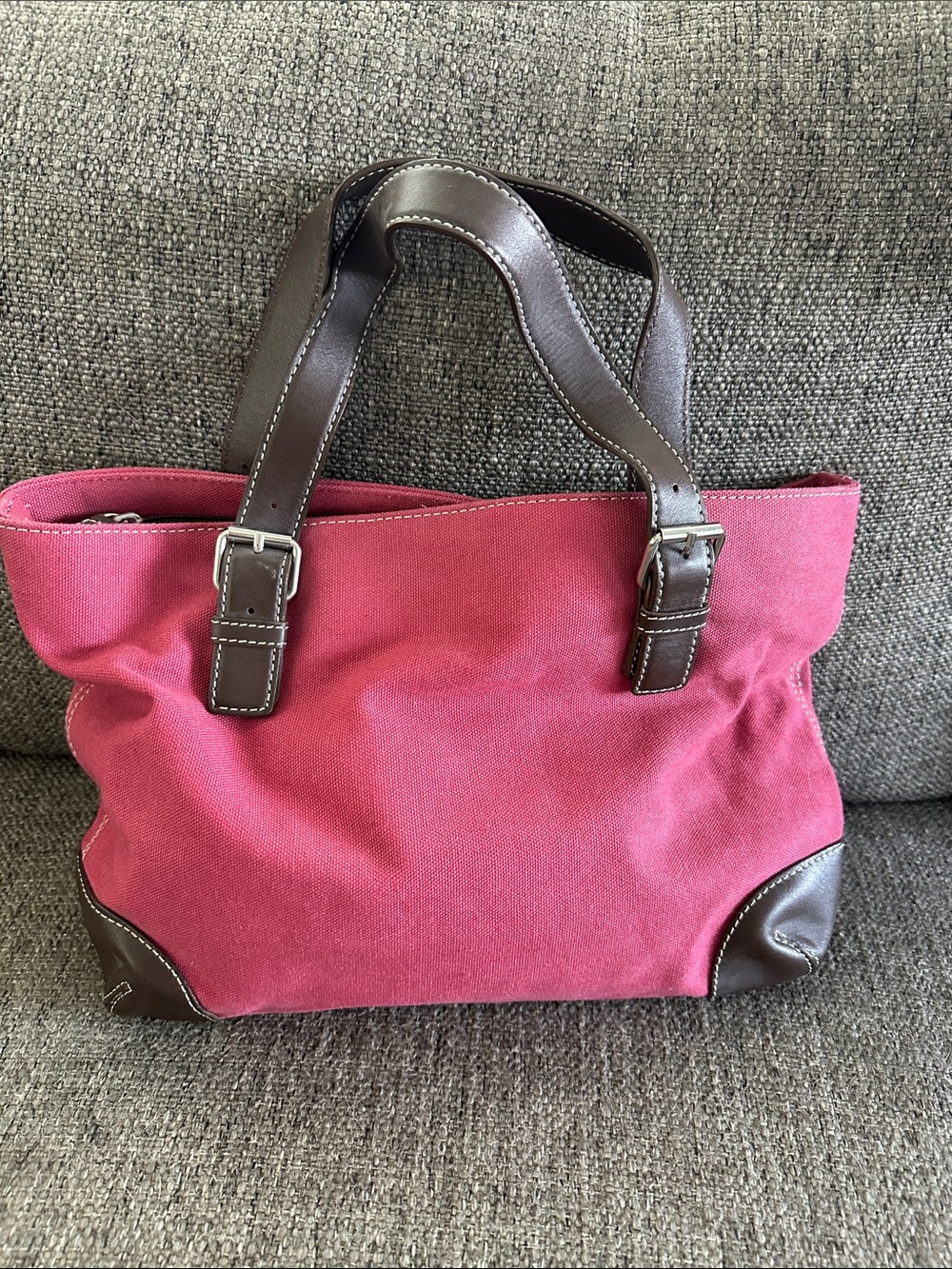 Vintage Fossil Canvas Tote Bag – Magenta Pink with Brown Leather Trim